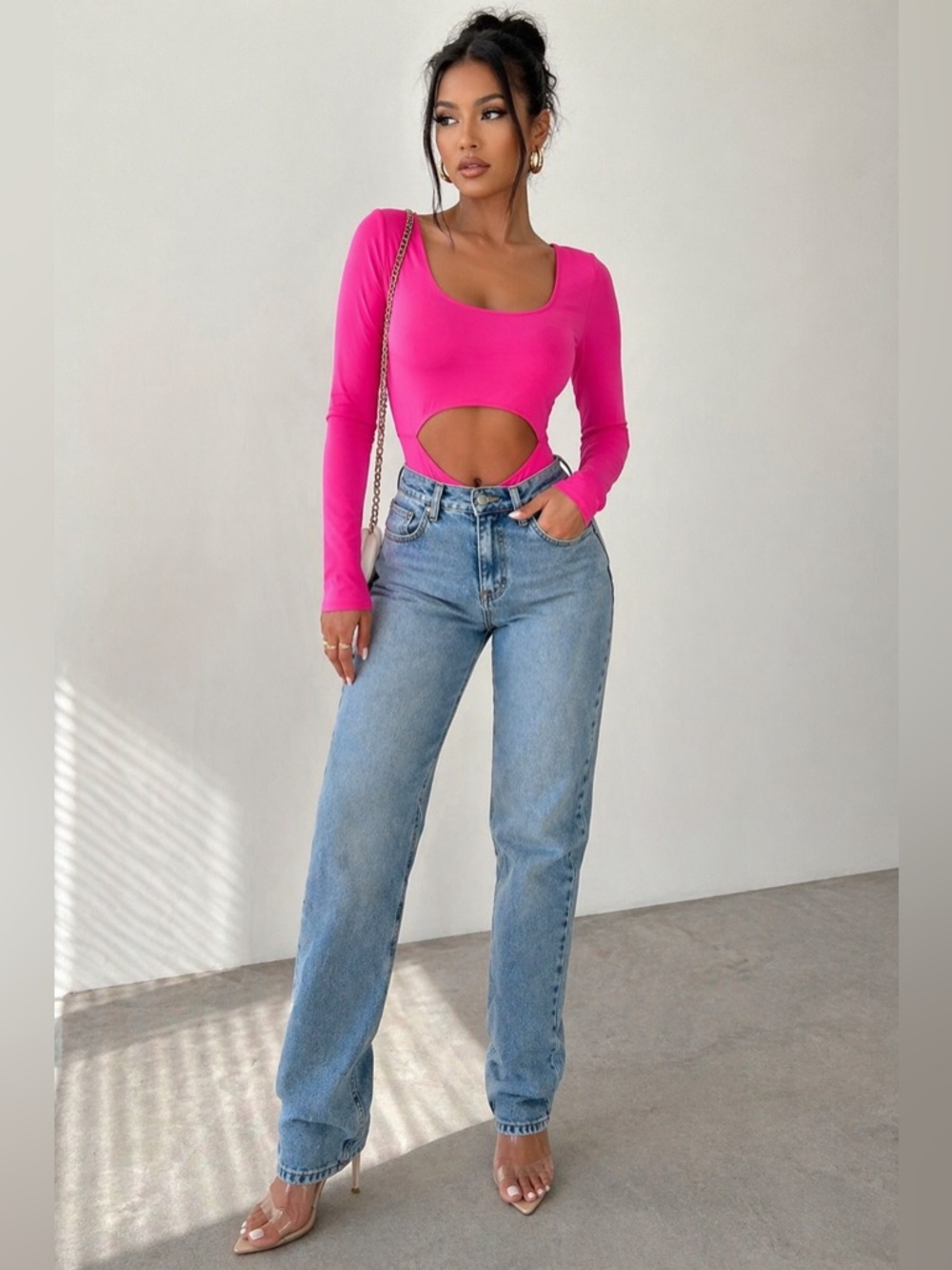 Fashion Nova Hot Pink Long Sleeve Cutout Bodysuit